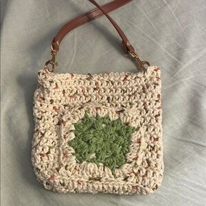Artisan Crochet Shoulder Bag in Cream and Green